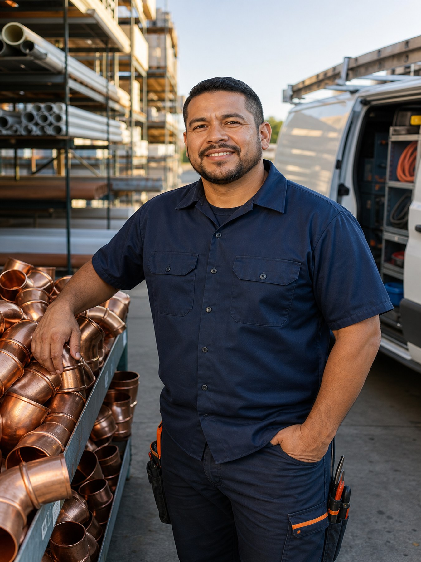 HVAC owner-operator beside organized copper fittings and a service van
