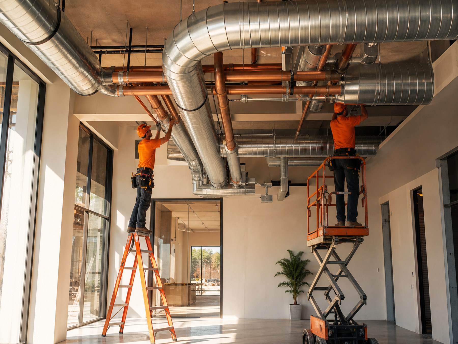 Clean spiral duct and copper line installation in a commercial space