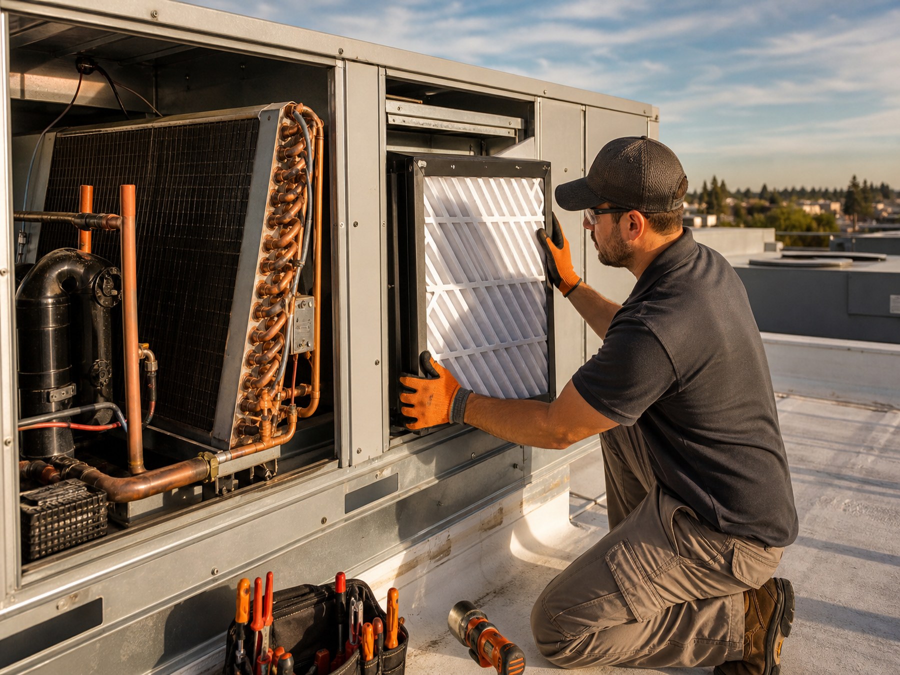 Technician servicing a rooftop HVAC unit and changing its filter