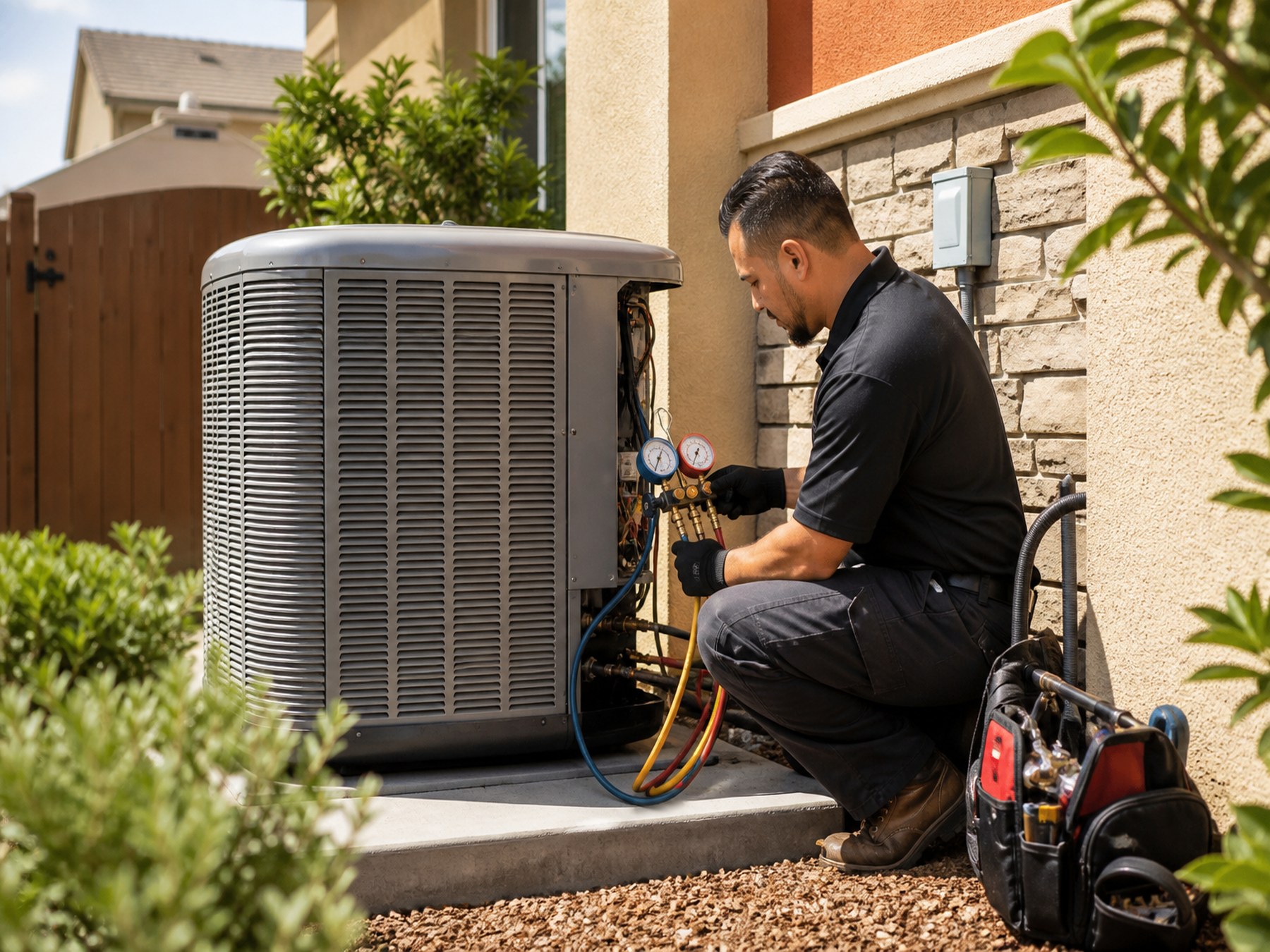 Technician diagnosing a residential condenser in Stockton daylight
